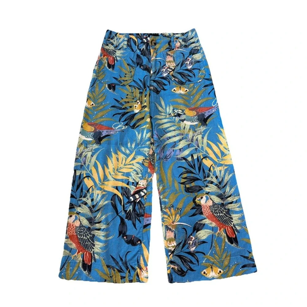 Anthropologie Maeve‎ Colette Pants Wide-Leg Linen Blue Tropical Print Size 4P
